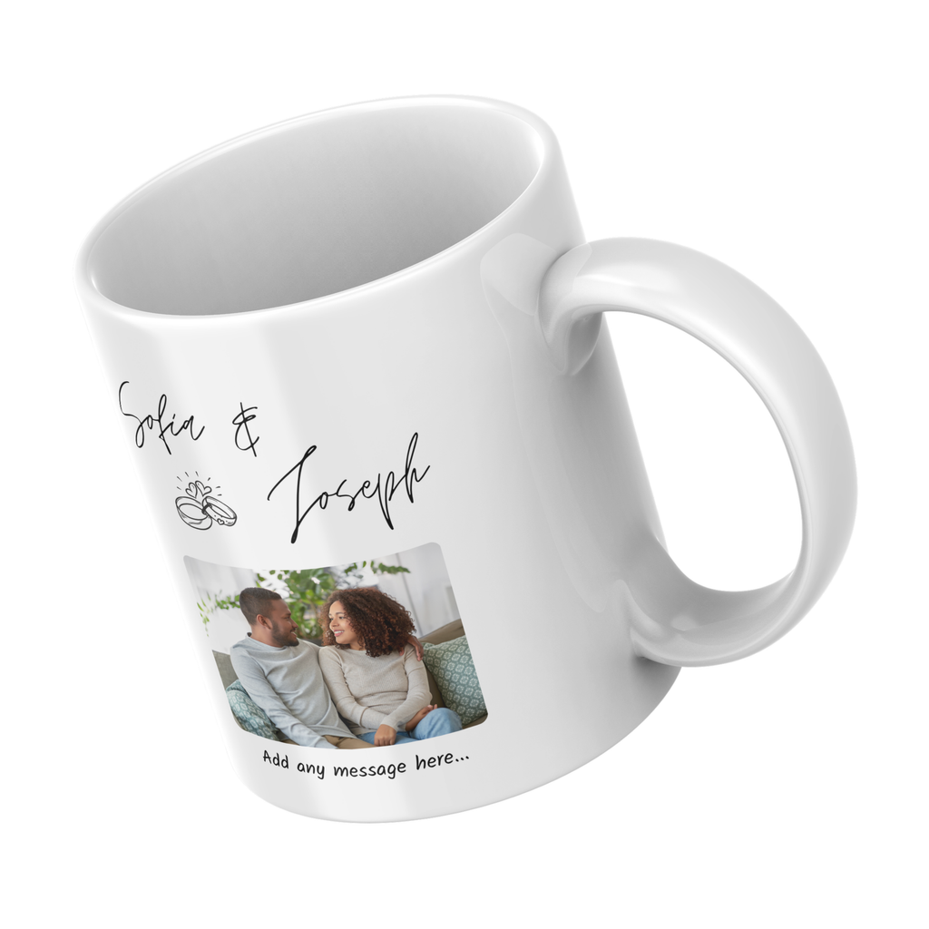 Script Names and Rings Photo Engagement Mug – angled view