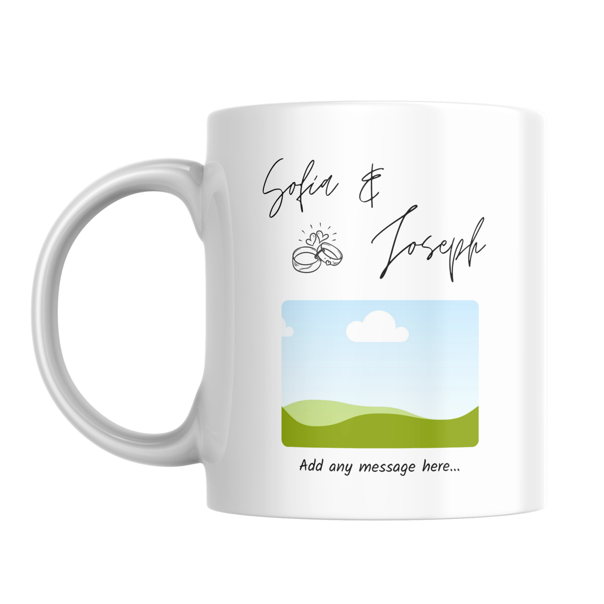 Script Names and Rings Photo Engagement Mug – front view with photo placeholder