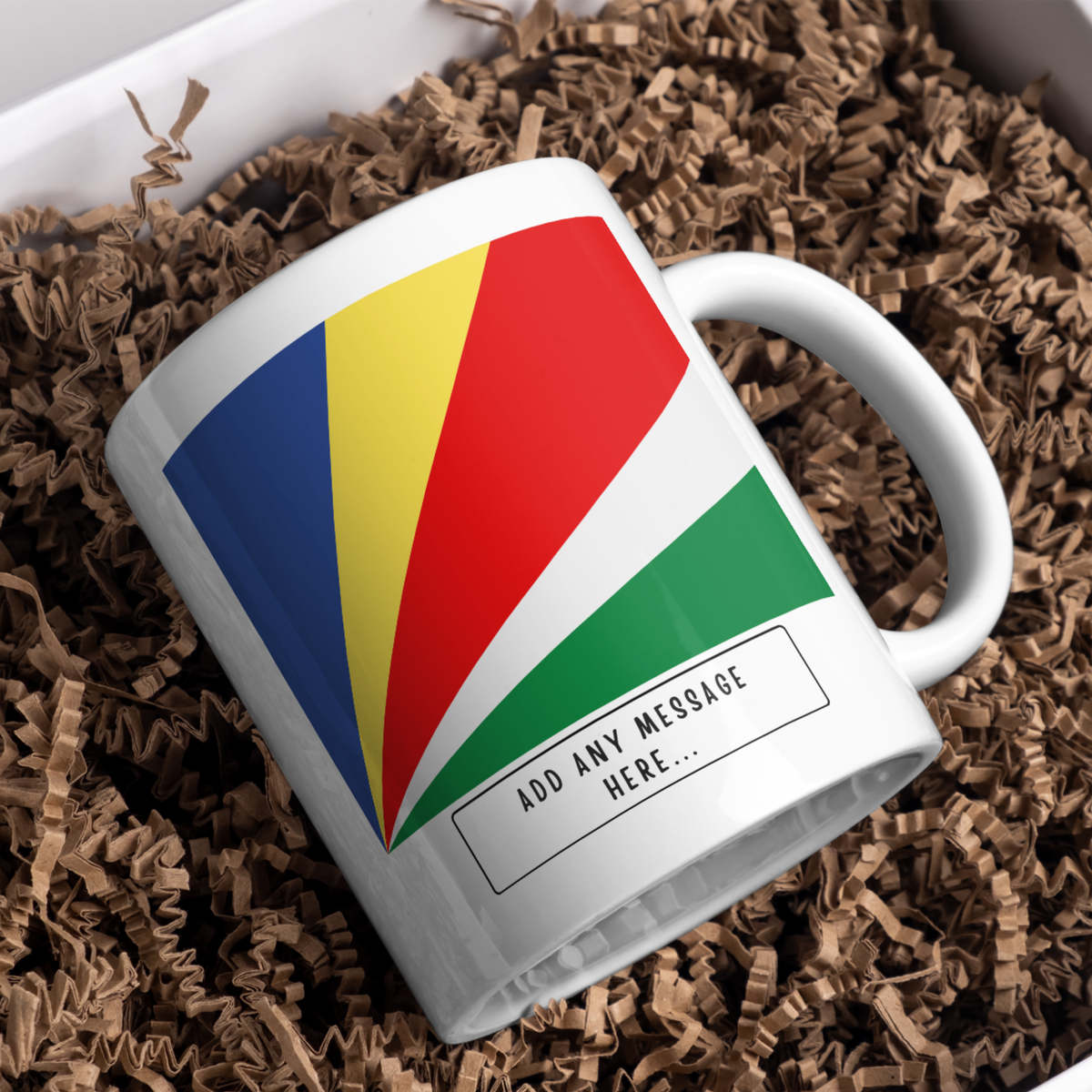 Personalised Seychelles flag mug – gift presentation on paper packing