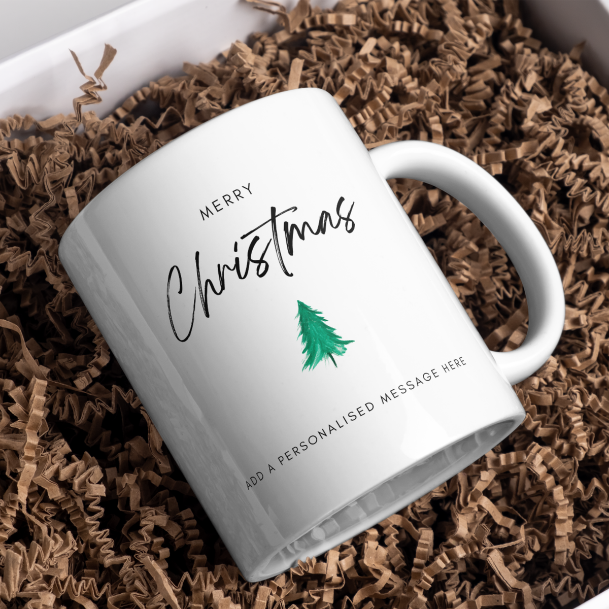 Simple Script and Tree Christmas Mug – gift presentation on paper packing