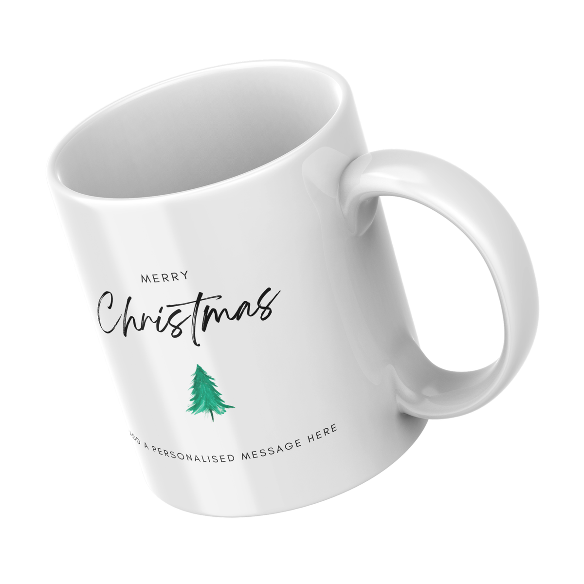 Simple Script and Tree Christmas Mug – angled view