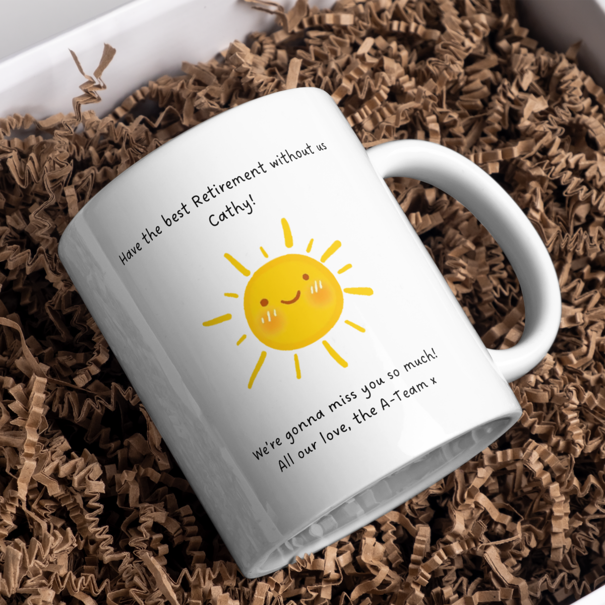Smiling Sunshine Retirement Mug – gift presentation on paper packing