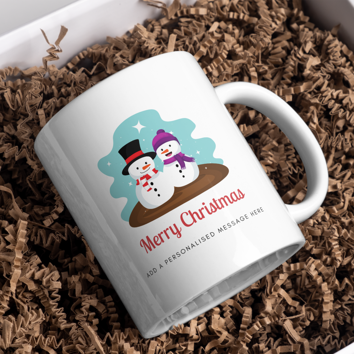 Snowman Couple Christmas Mug – gift presentation on paper packing