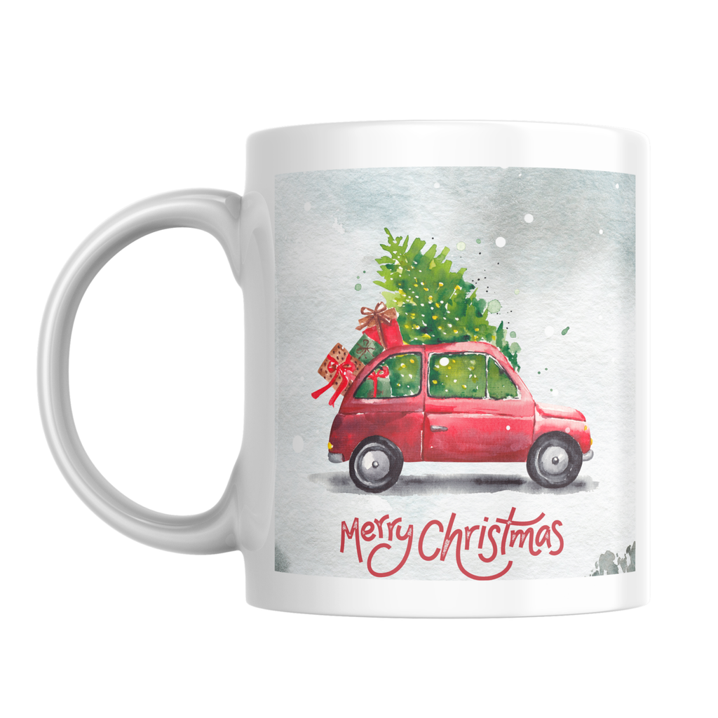 Snowy Red Car Christmas Mug – front view