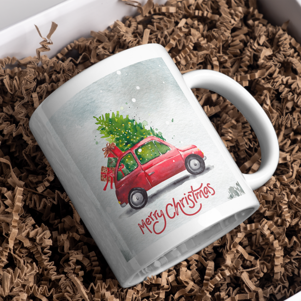 Snowy Red Car Christmas Mug – gift presentation on paper packing