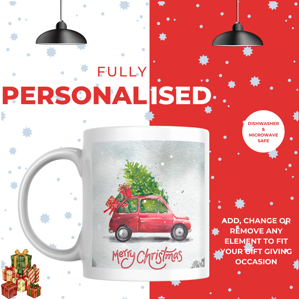 Snowy Red Car Christmas Mug – personalisation information