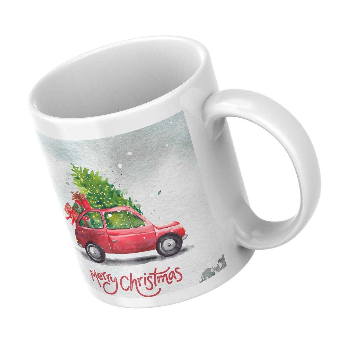 Snowy Red Car Christmas Mug – angled view