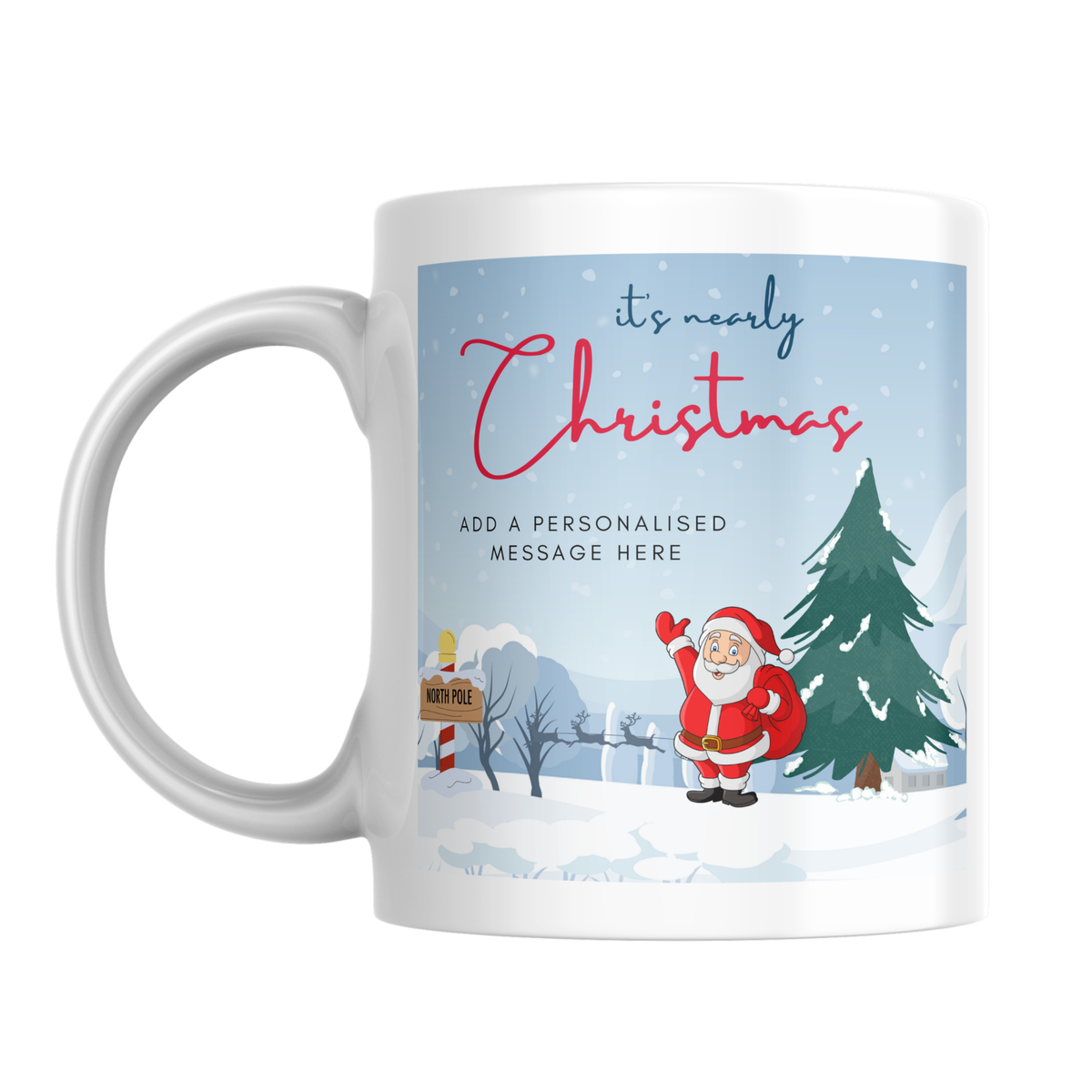 Snowy Santa and Reindeer Christmas Mug – front view