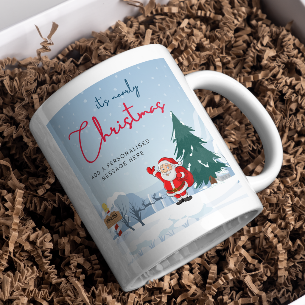 Snowy Santa and Reindeer Christmas Mug – gift presentation on paper packing