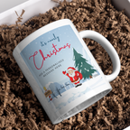 Snowy Santa and Reindeer Christmas Mug – gift presentation on paper packing