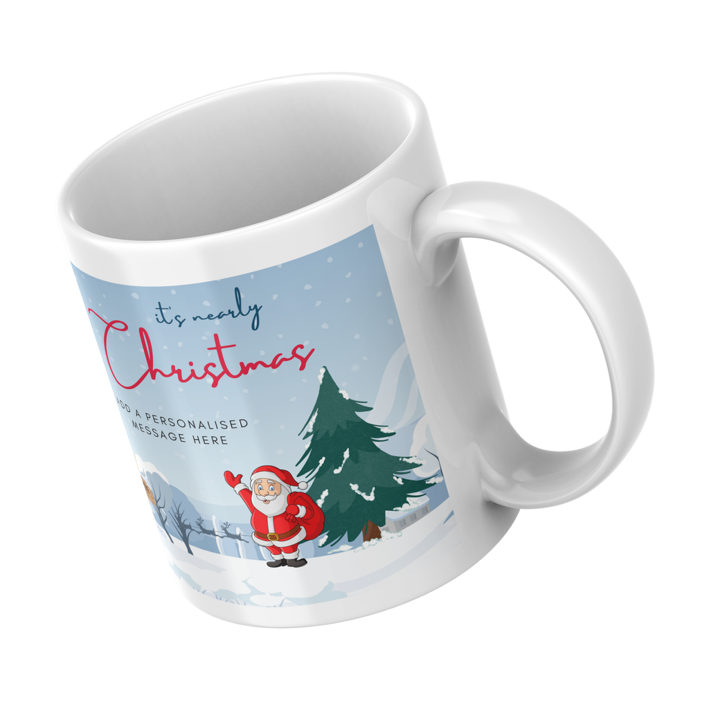 Snowy Santa and Reindeer Christmas Mug – angled view