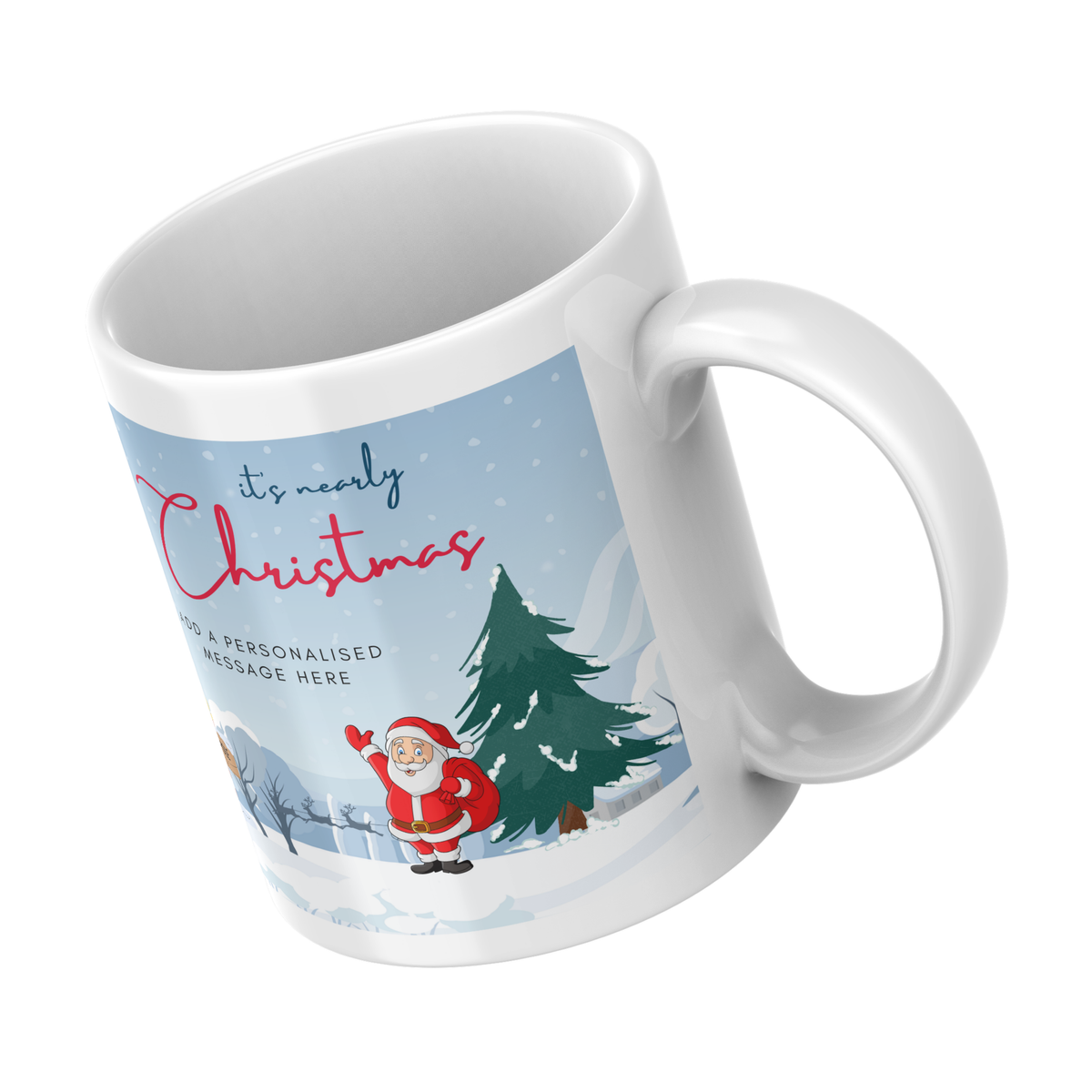Snowy Santa and Reindeer Christmas Mug – angled view