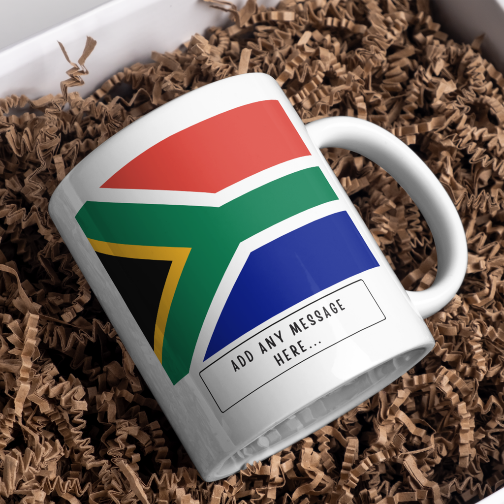 Personalised South Africa flag mug – gift presentation on paper packing