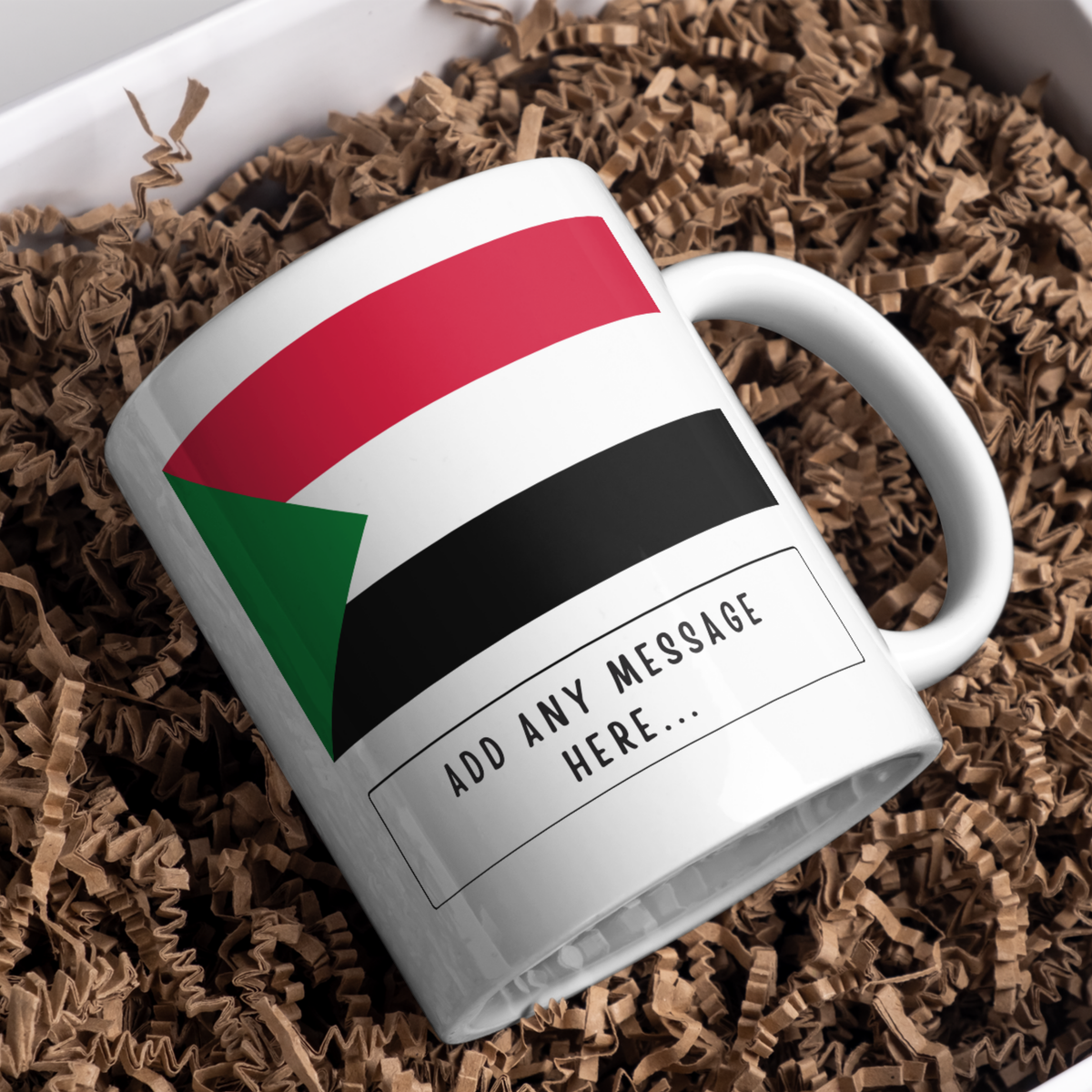 Personalised Sudan flag mug – gift presentation on paper packing