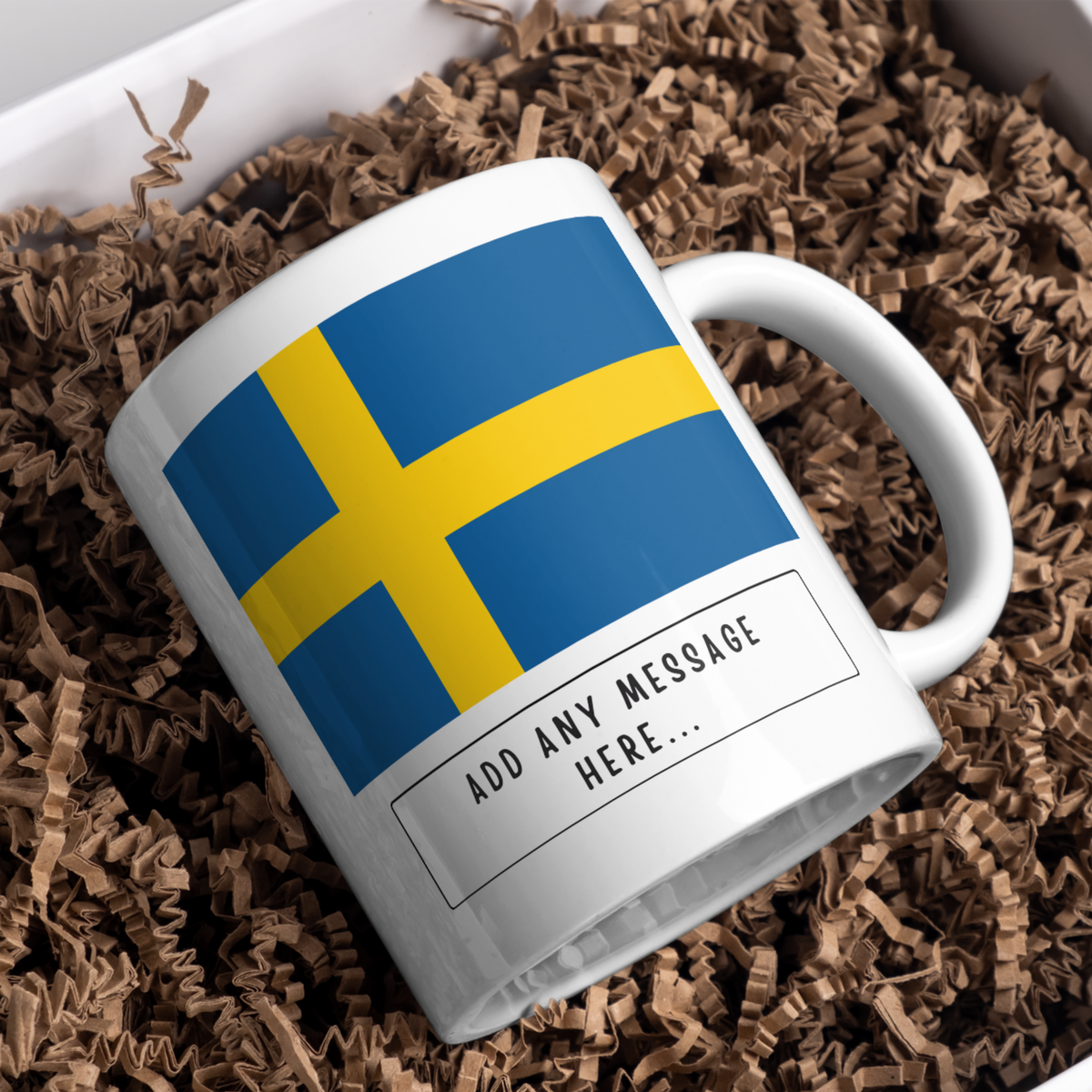 Personalised Sweden flag mug – gift presentation on paper packing