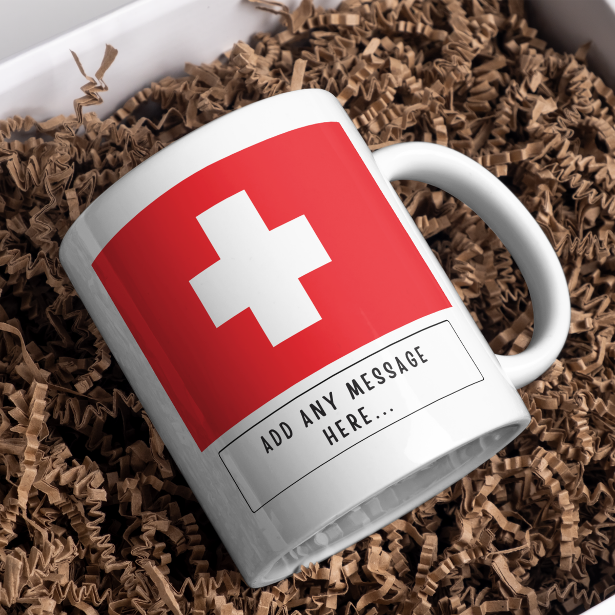 Personalised Switzerland flag mug – gift presentation on paper packing
