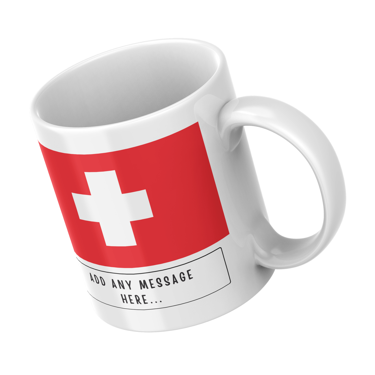 Personalised Switzerland flag mug – angled view