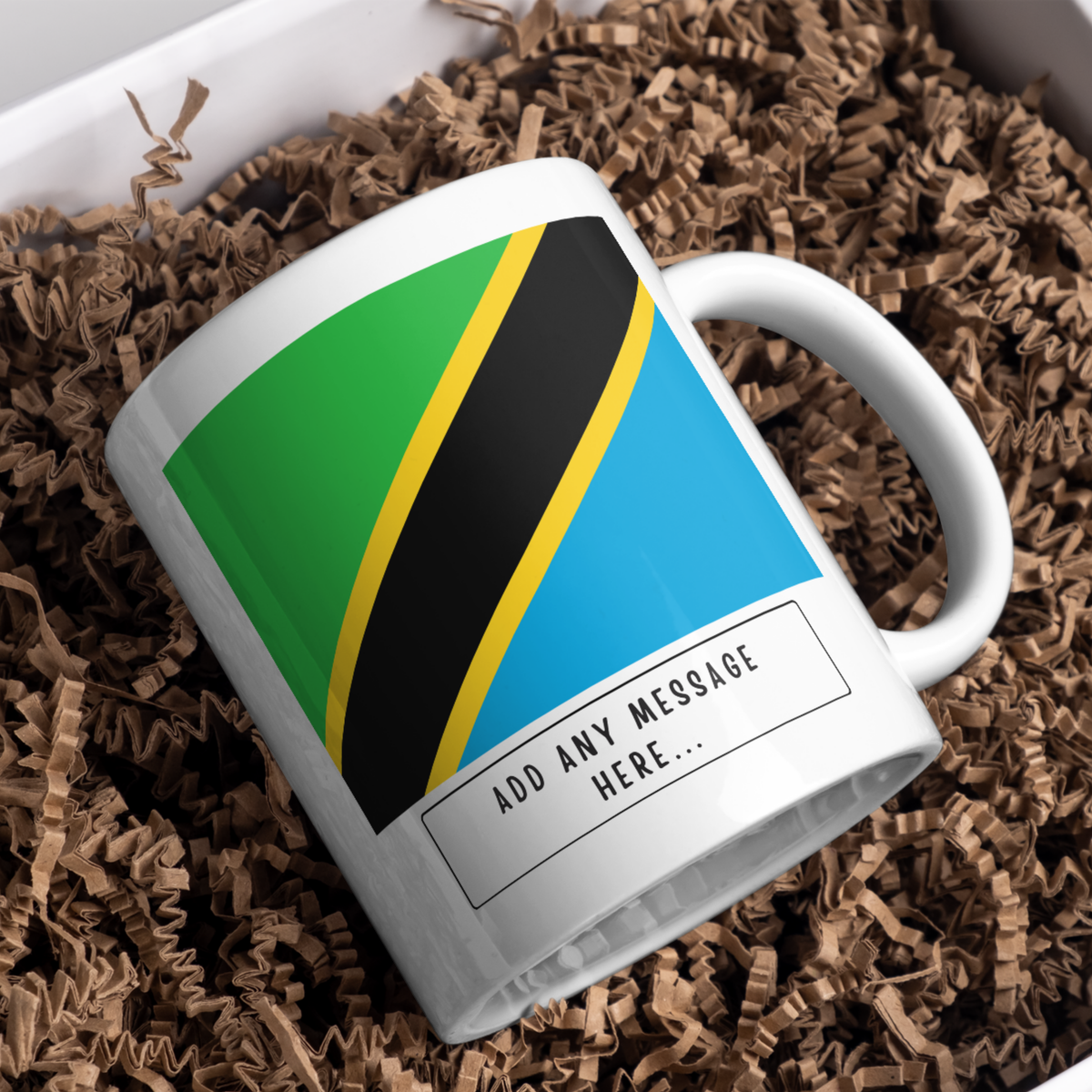 Personalised Tanzania flag mug – gift presentation on paper packing