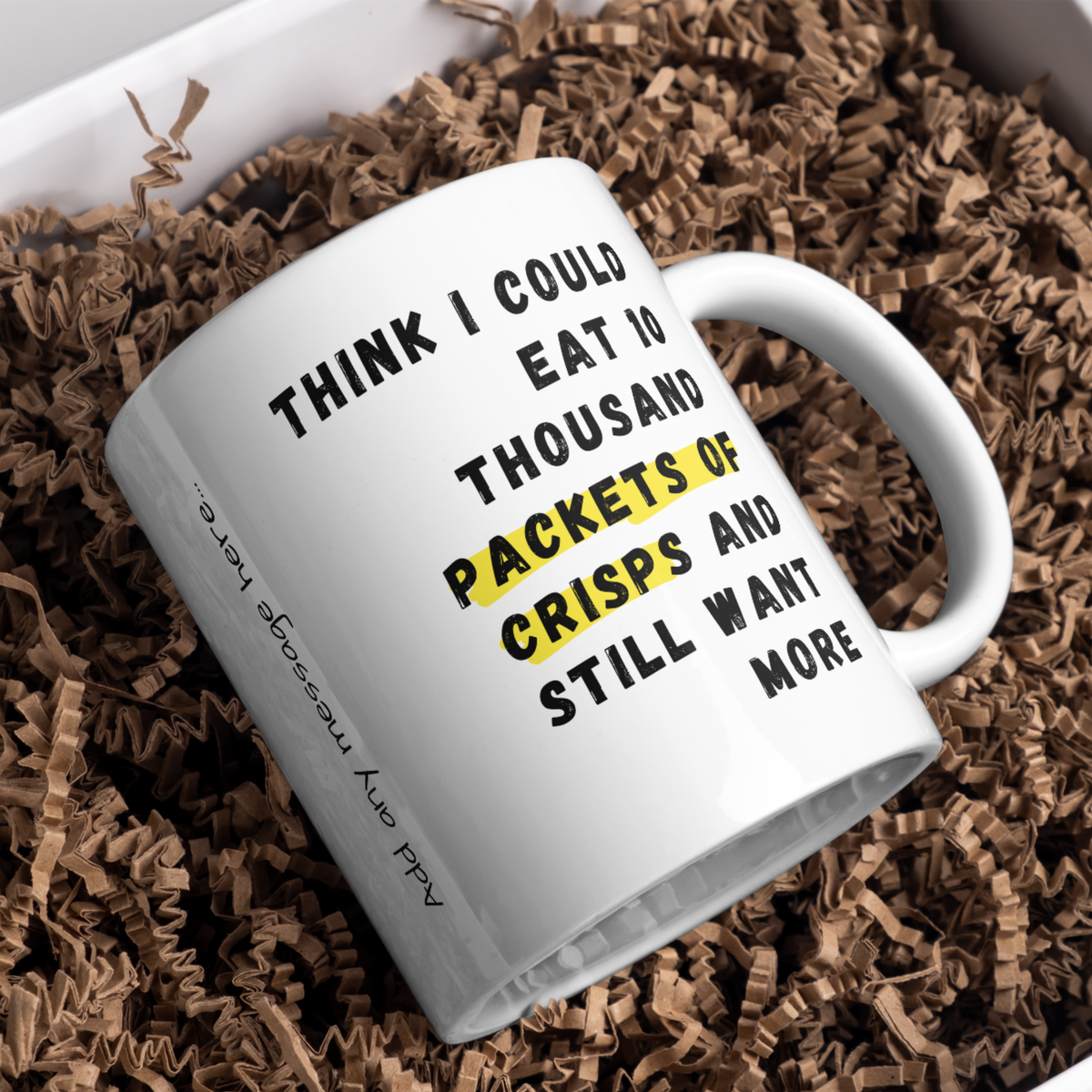 Ten Thousand Packets of Crisps Mug – gift presentation on paper packing