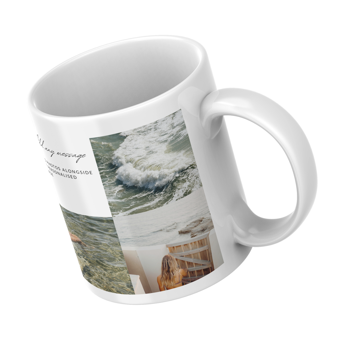 Three Photo Collage Mug – angled view with example photos