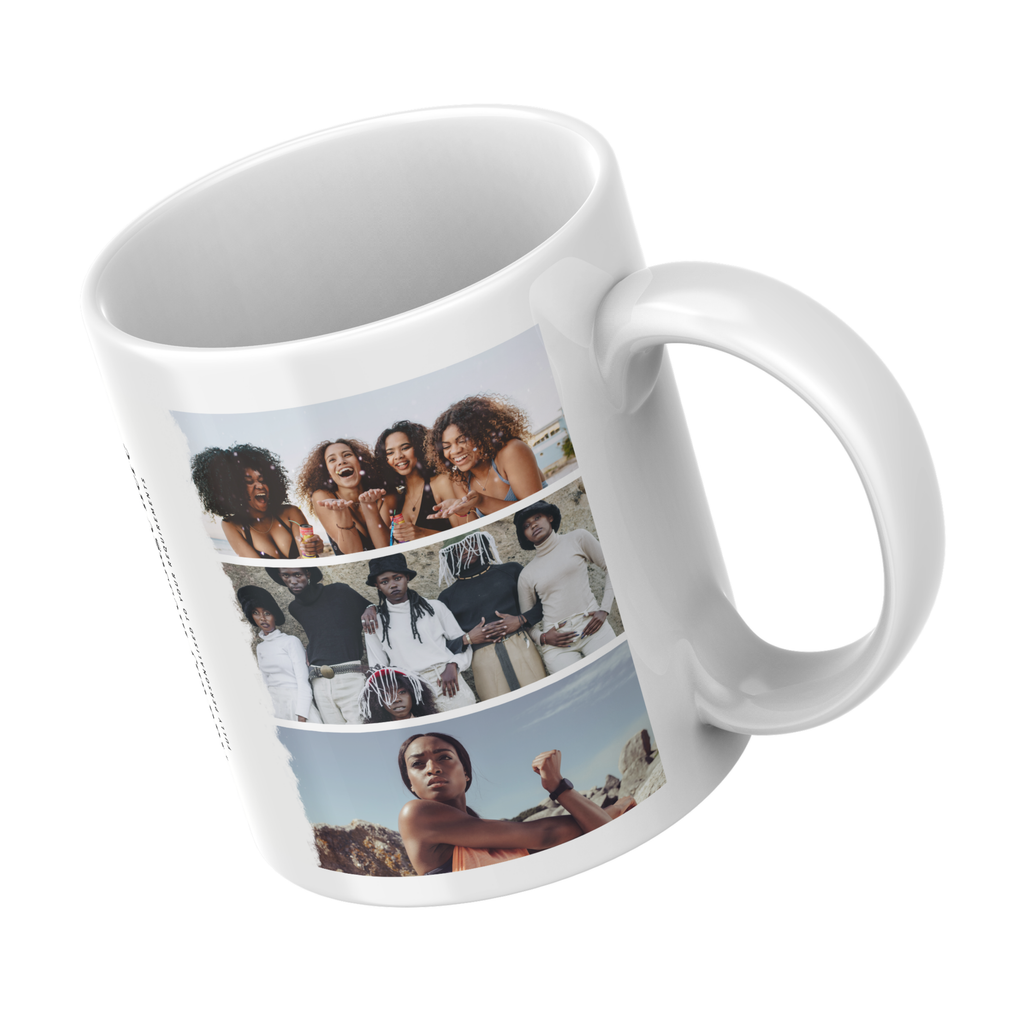 Three Stacked Photos Mug – angled view with example photos