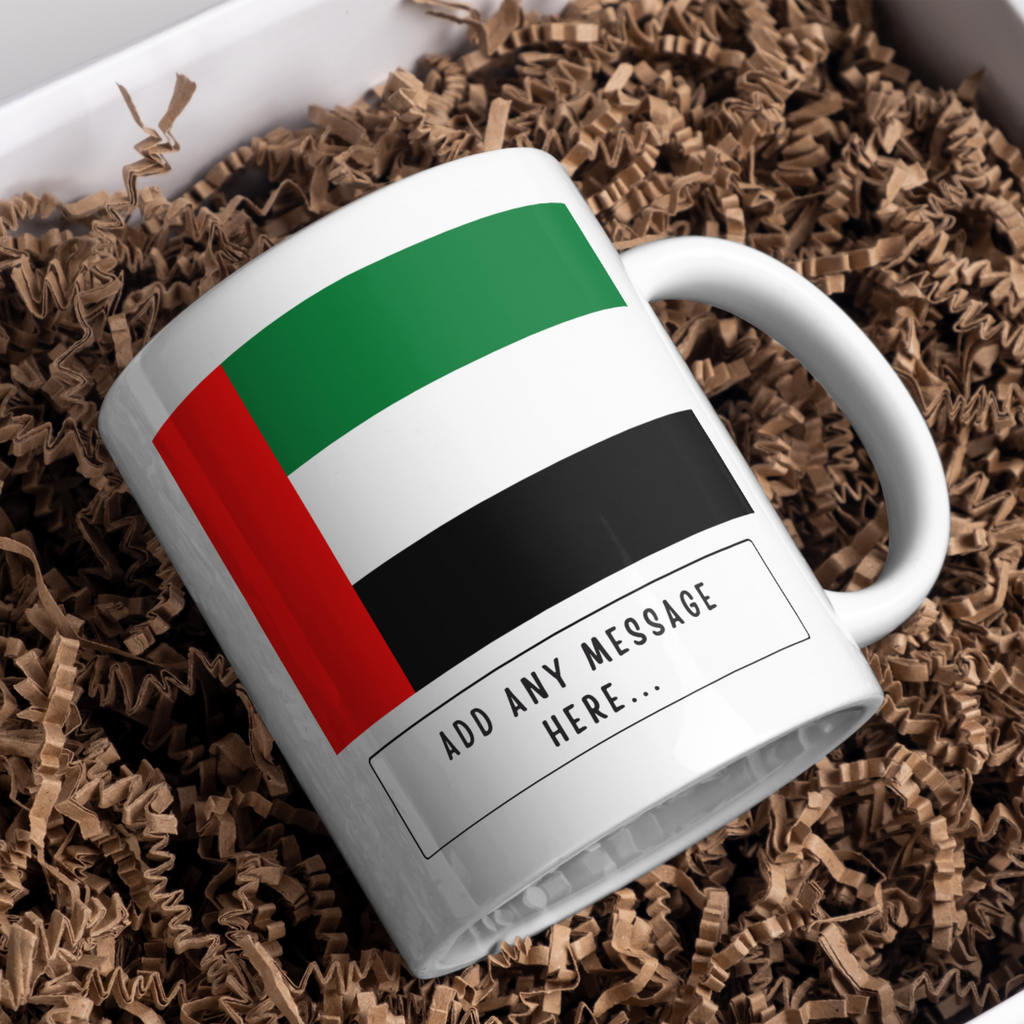Personalised United Arab Emirates flag mug – gift presentation on paper packing