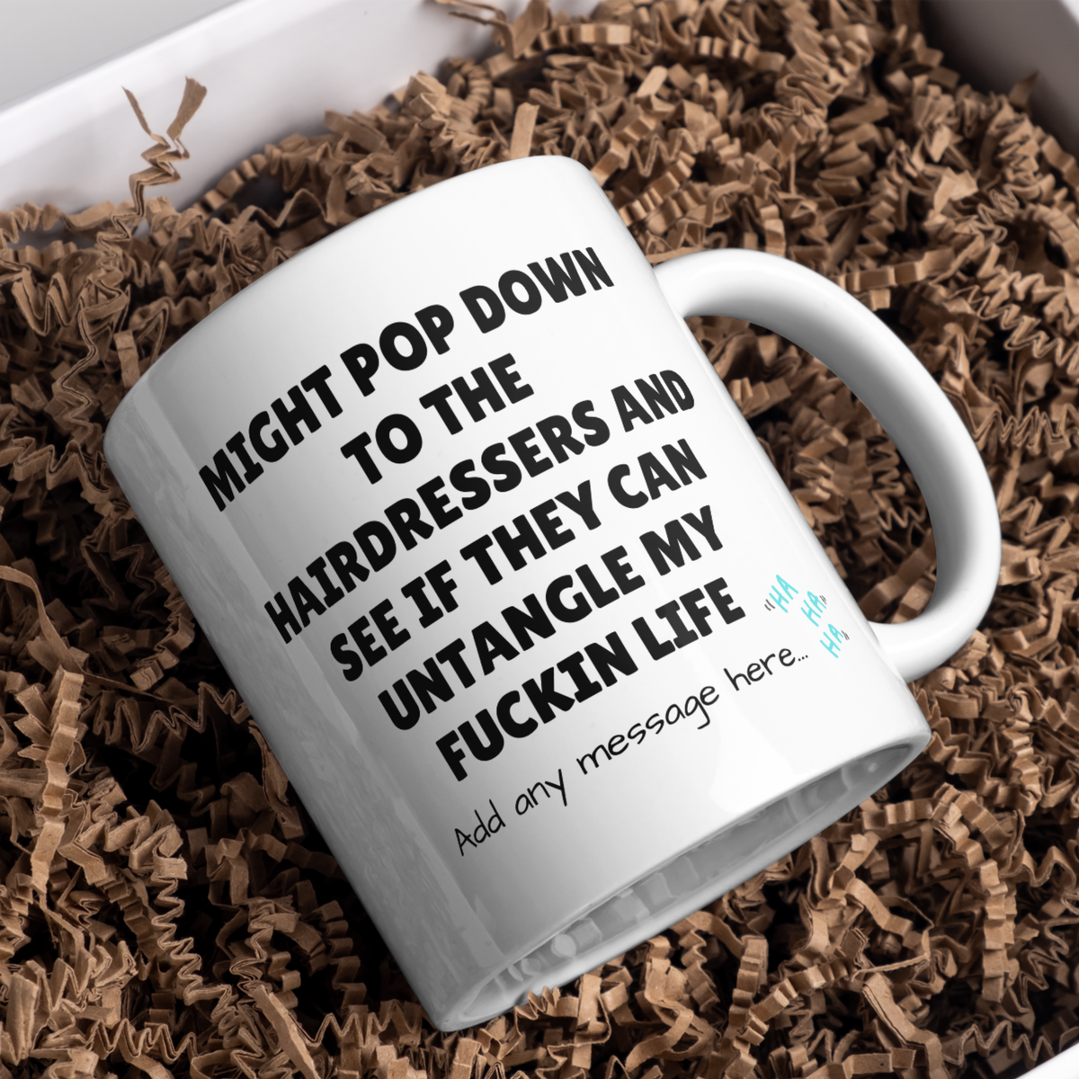 Untangle My Life Hairdresser Mug – gift presentation on paper packing
