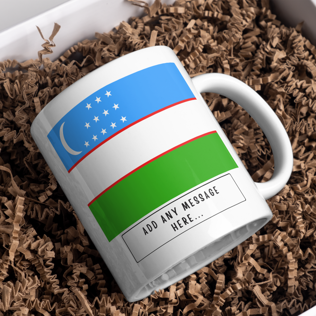 Personalised Uzbekistan flag mug – gift presentation on paper packing
