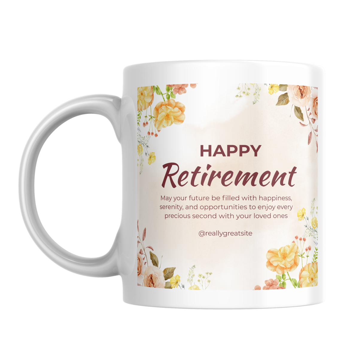 Warm Floral Happy Retirement Mug – front view