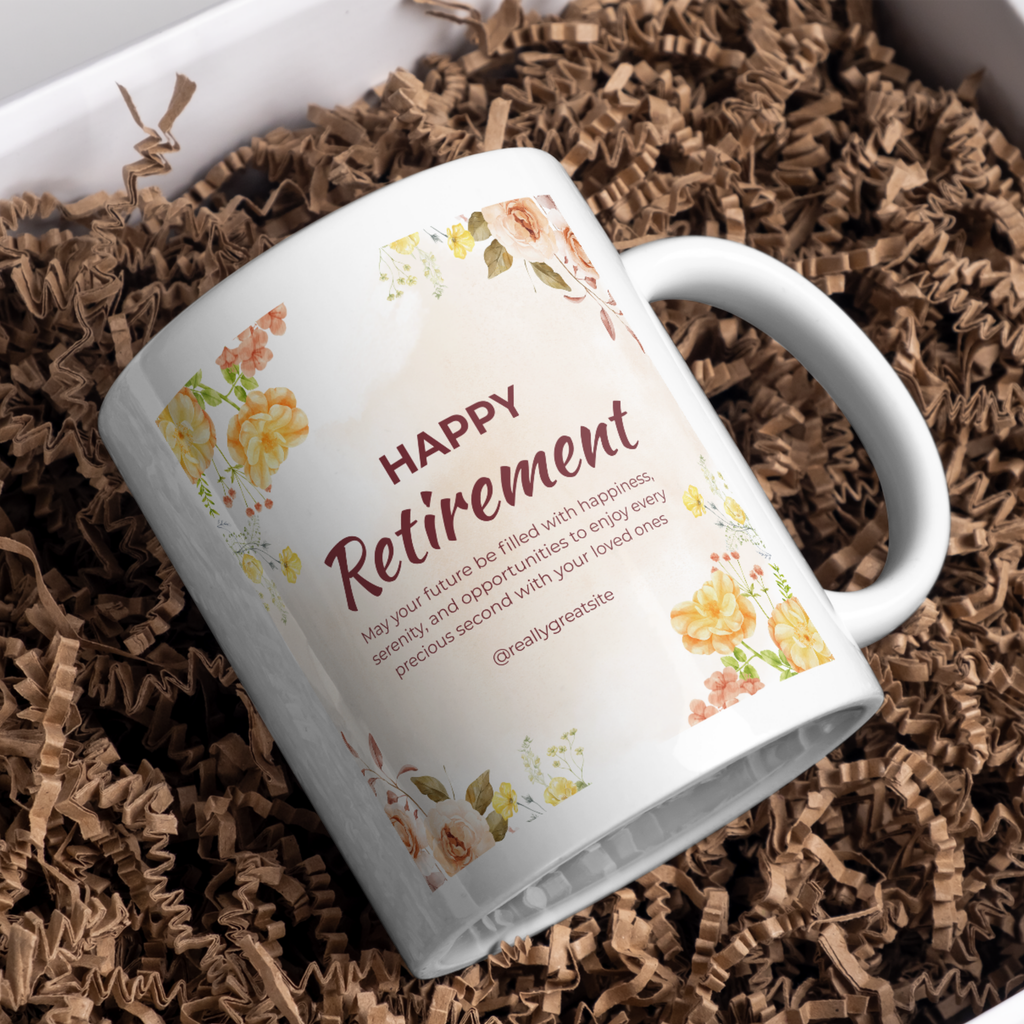 Warm Floral Happy Retirement Mug – gift presentation on paper packing
