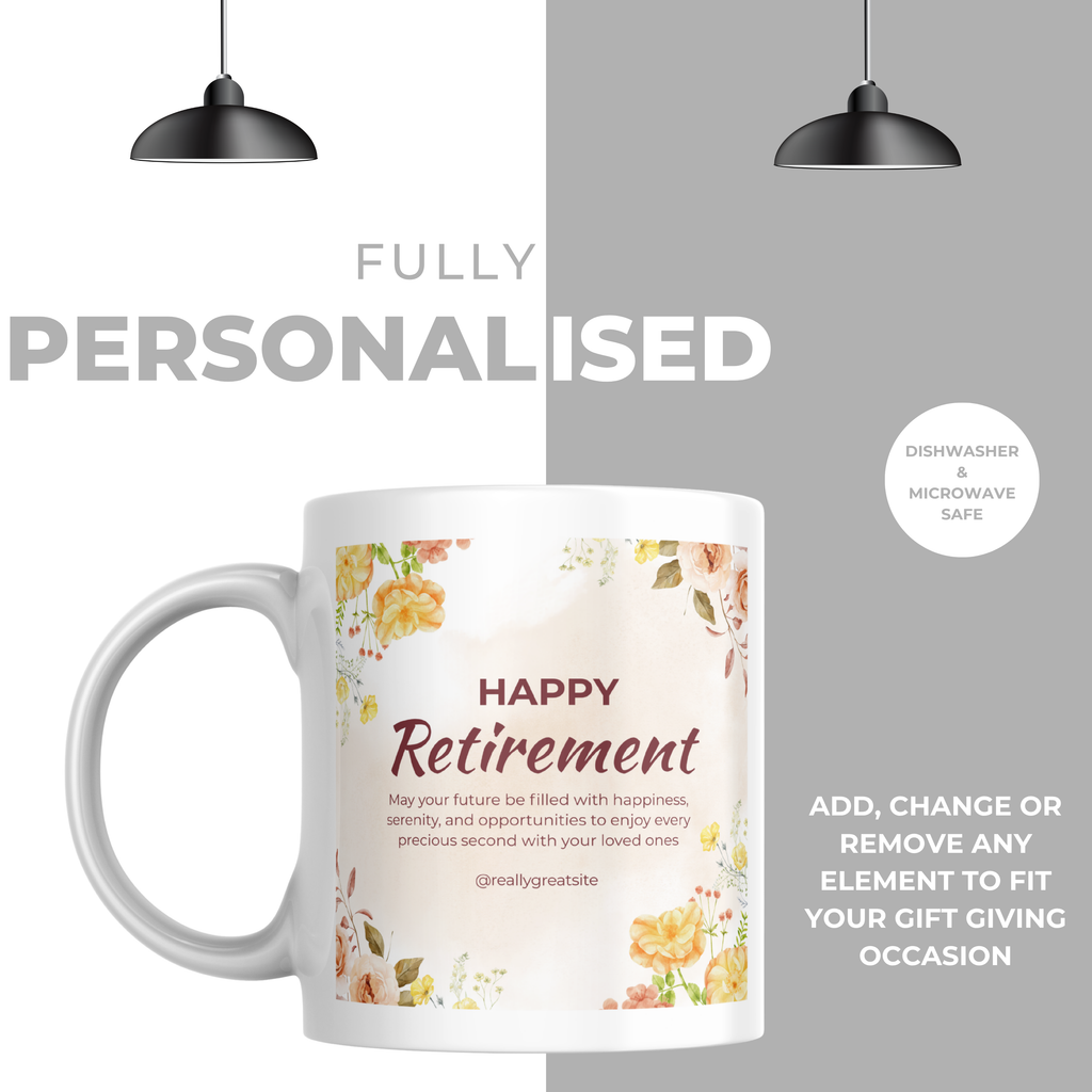 Warm Floral Happy Retirement Mug – personalisation information