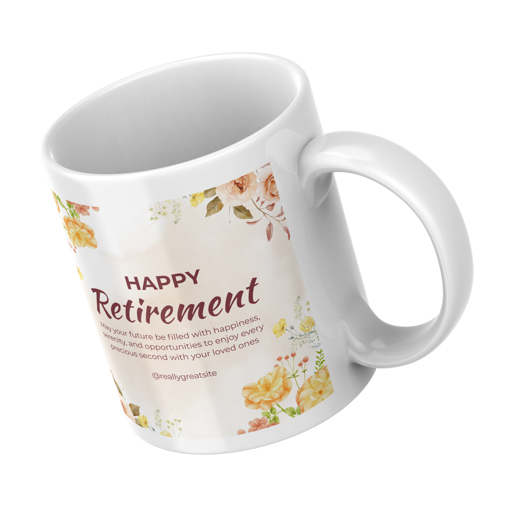 Warm Floral Happy Retirement Mug – angled view