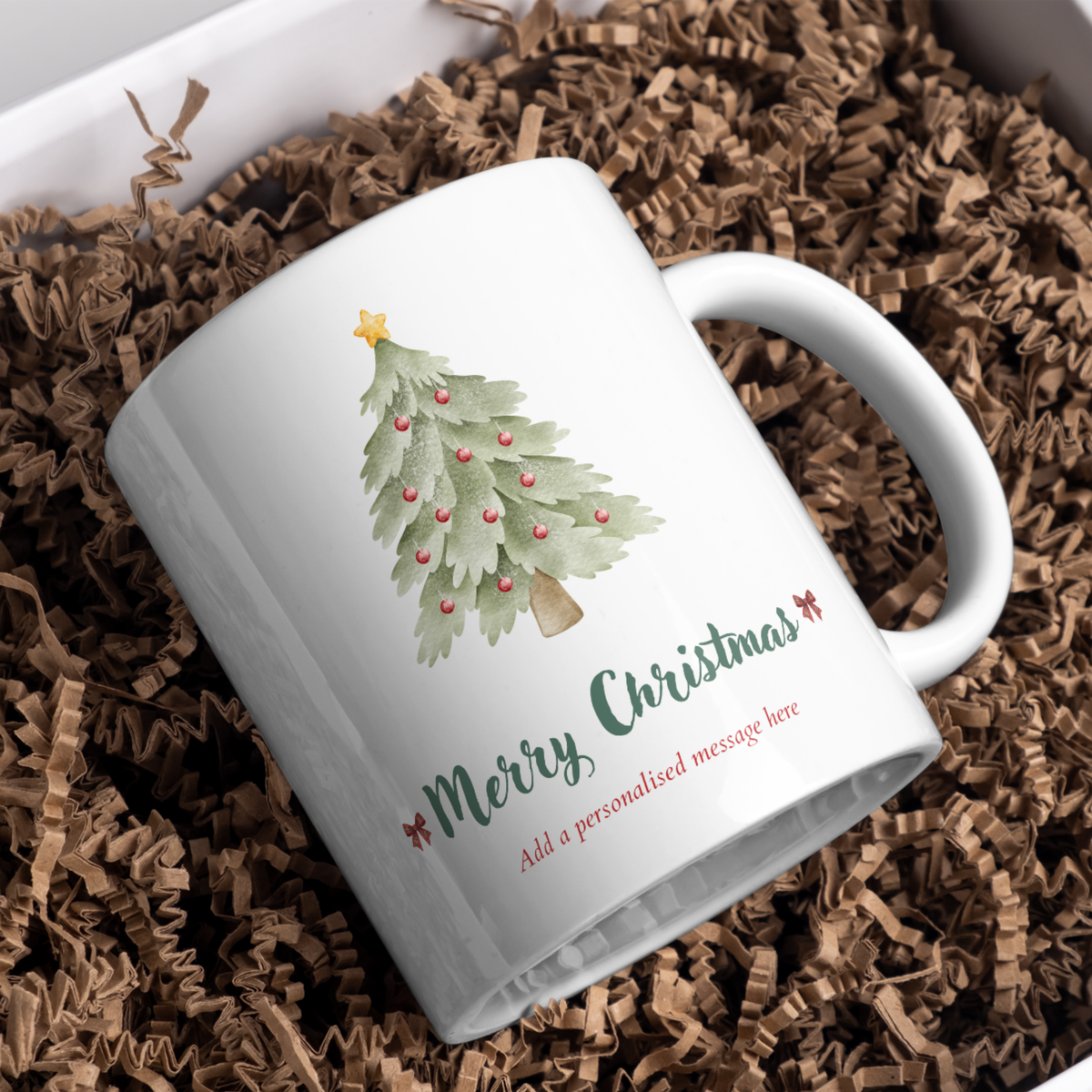 Watercolour Christmas Tree and Bows Mug – gift presentation on paper packing
