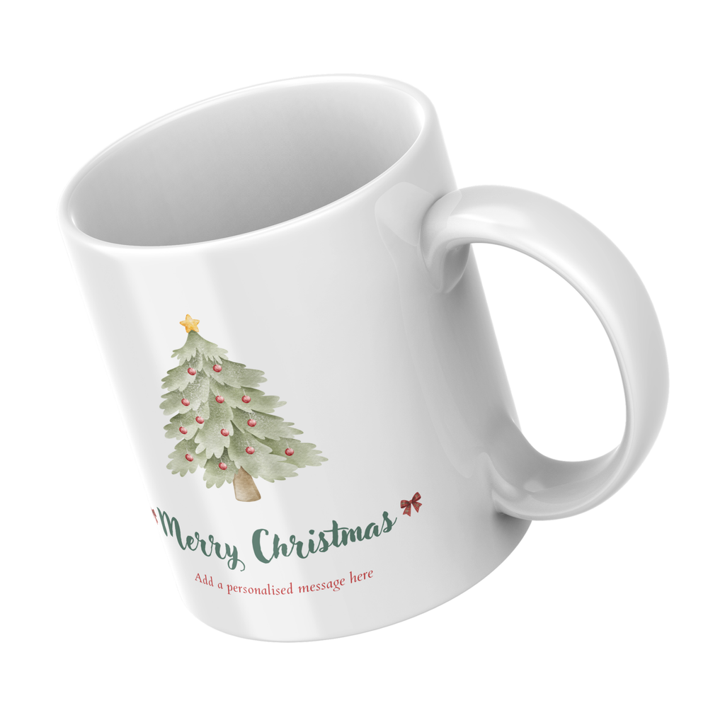 Watercolour Christmas Tree and Bows Mug – angled view