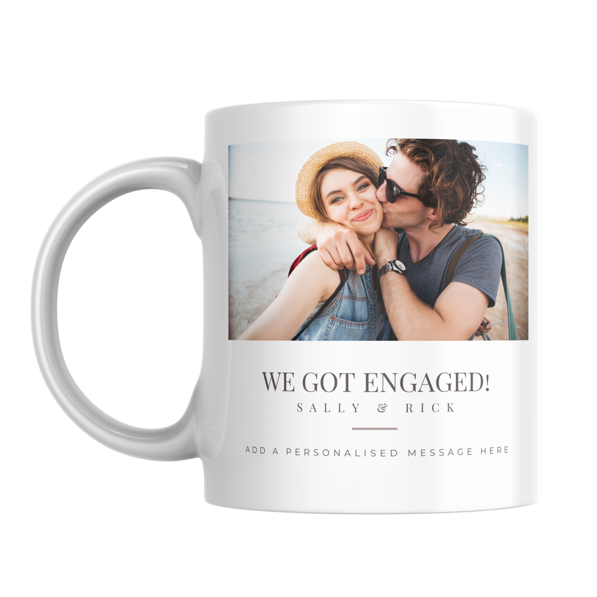 We Got Engaged Photo Mug – front view with example photo
