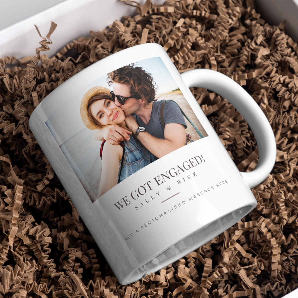 We Got Engaged Photo Mug – gift presentation on paper packing
