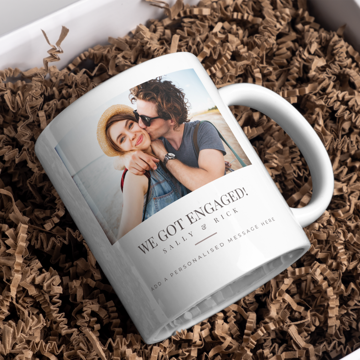 We Got Engaged Photo Mug – gift presentation on paper packing