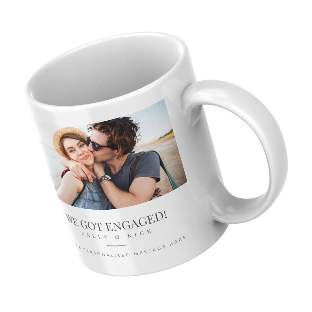 We Got Engaged Photo Mug – angled view