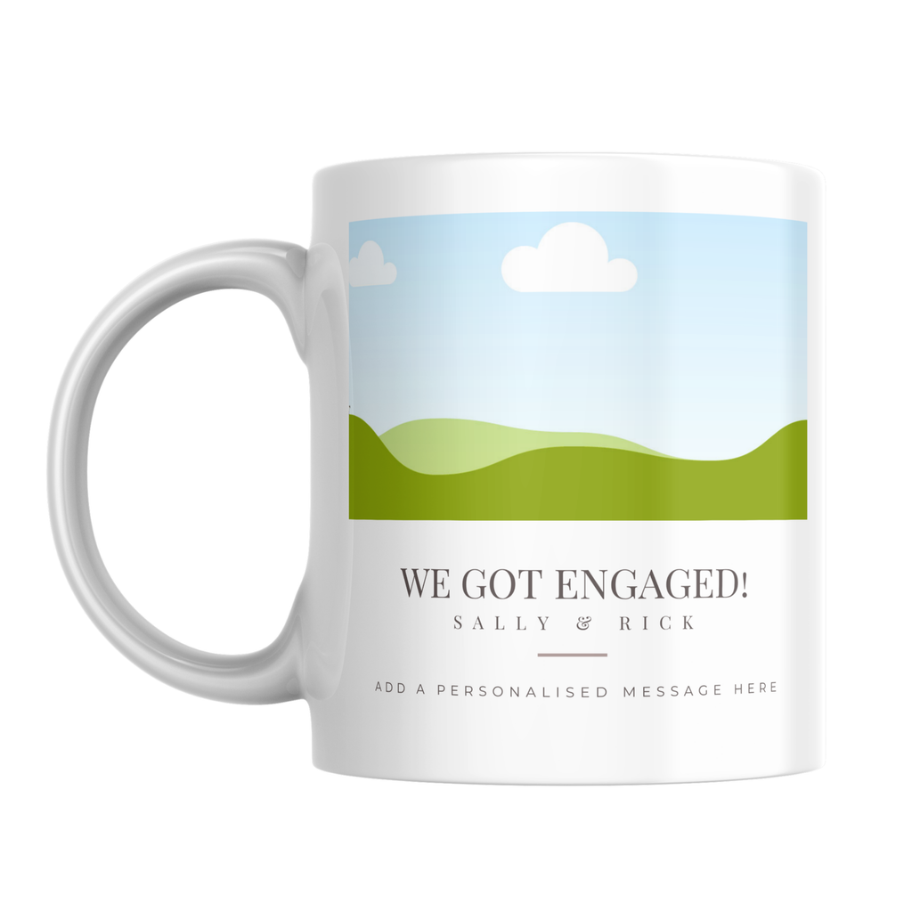 We Got Engaged Photo Mug – front view with photo placeholder