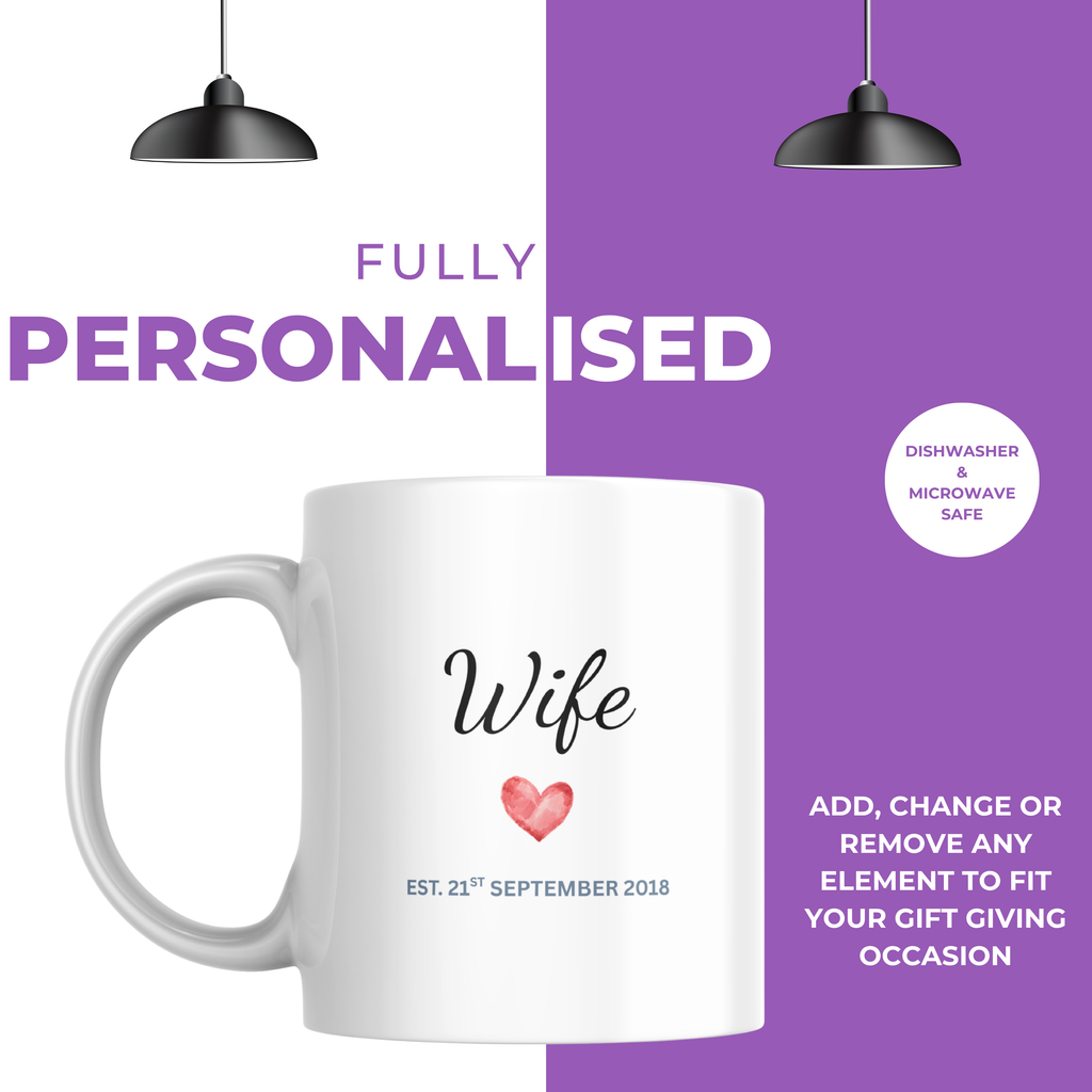 Wife Heart and Wedding Date Anniversary Mug – personalisation information
