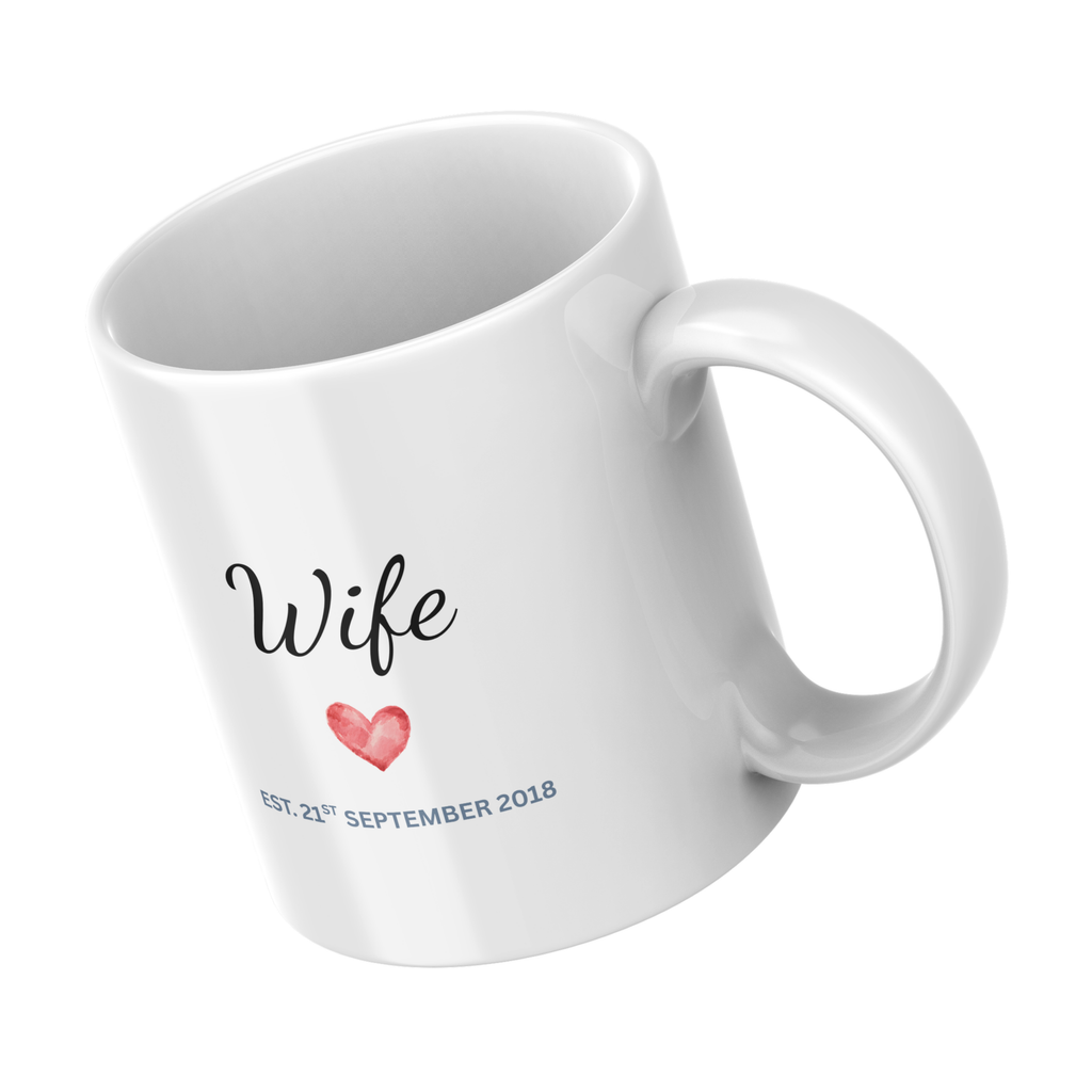 Wife Heart and Wedding Date Anniversary Mug – angled view