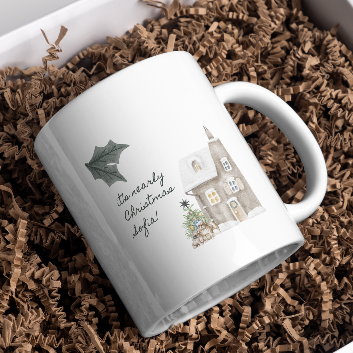Winter Cottage Name Christmas Mug – gift presentation on paper packing