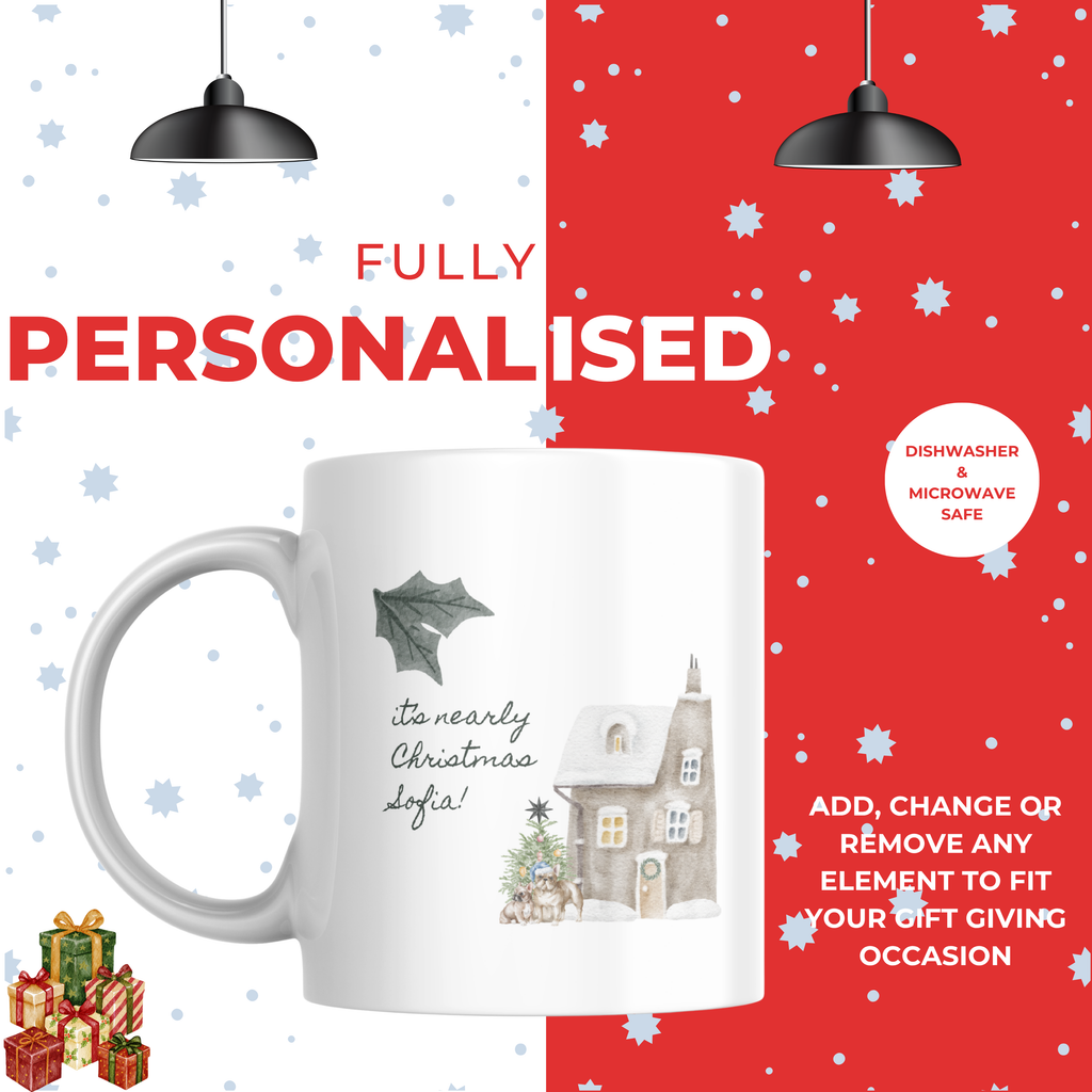 Winter Cottage Name Christmas Mug – personalisation information