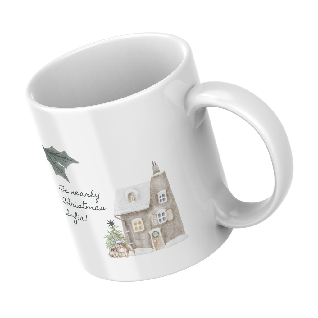 Winter Cottage Name Christmas Mug – angled view