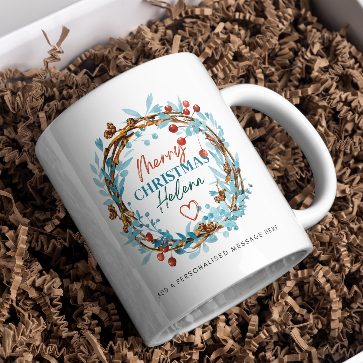 Winter Wreath Name Christmas Mug – gift presentation on paper packing
