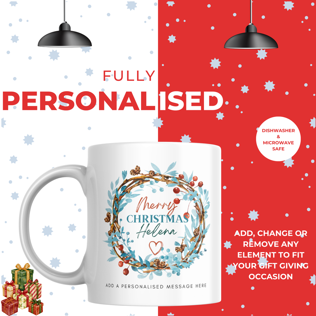 Winter Wreath Name Christmas Mug – personalisation information