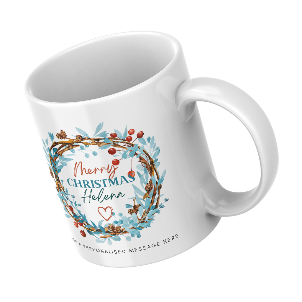 Winter Wreath Name Christmas Mug – angled view