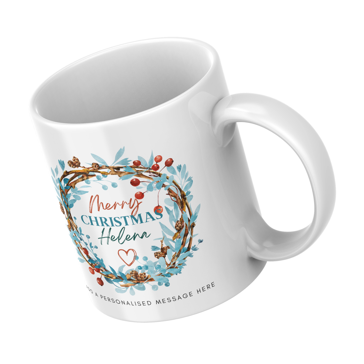 Winter Wreath Name Christmas Mug – angled view