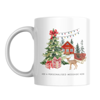 Woodland Cabin and Reindeer Christmas Mug – front view