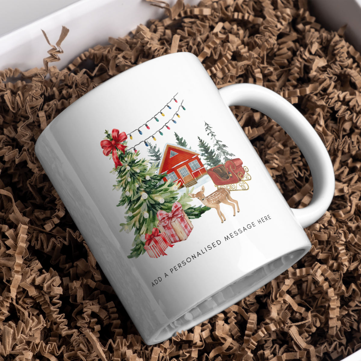 Woodland Cabin and Reindeer Christmas Mug – gift presentation on paper packing